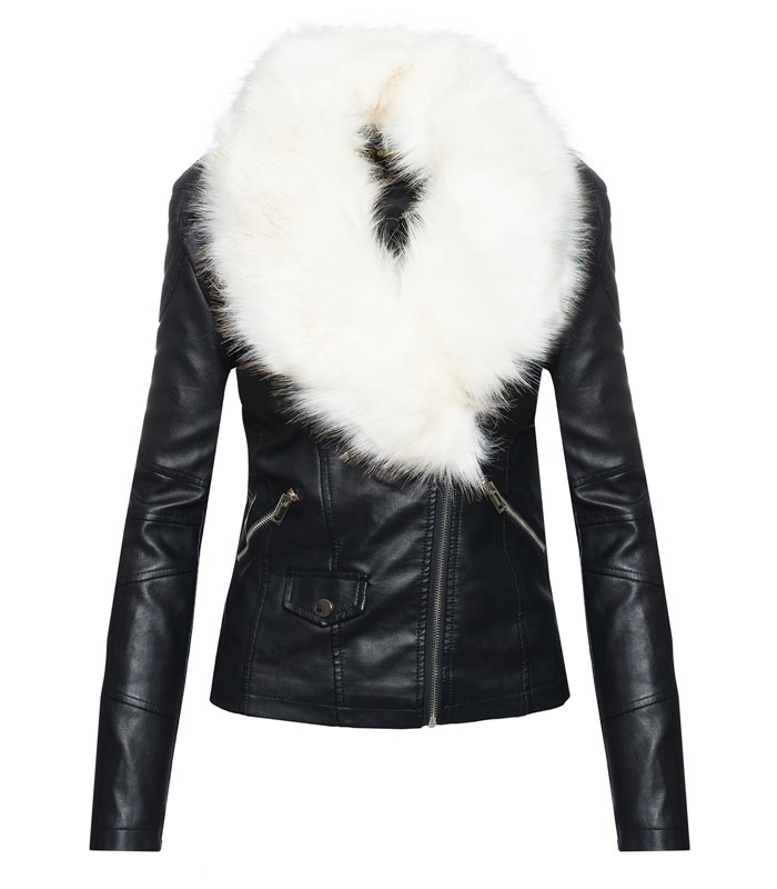 Damen Kunstlederjacke mit XXL Kunstfellkragen D-221