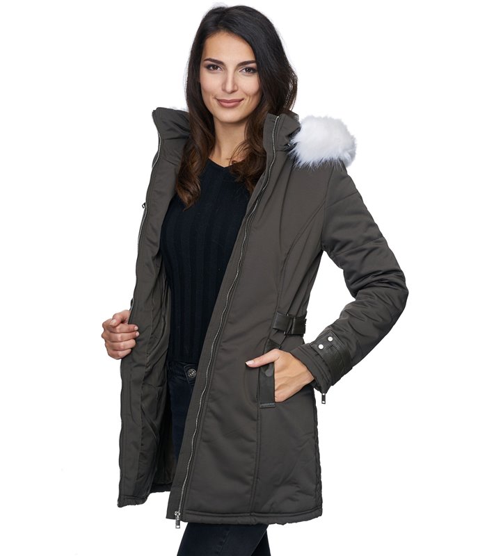 Damen Outdoor Winter Mantel mit Kunstfell Kapuze D-225