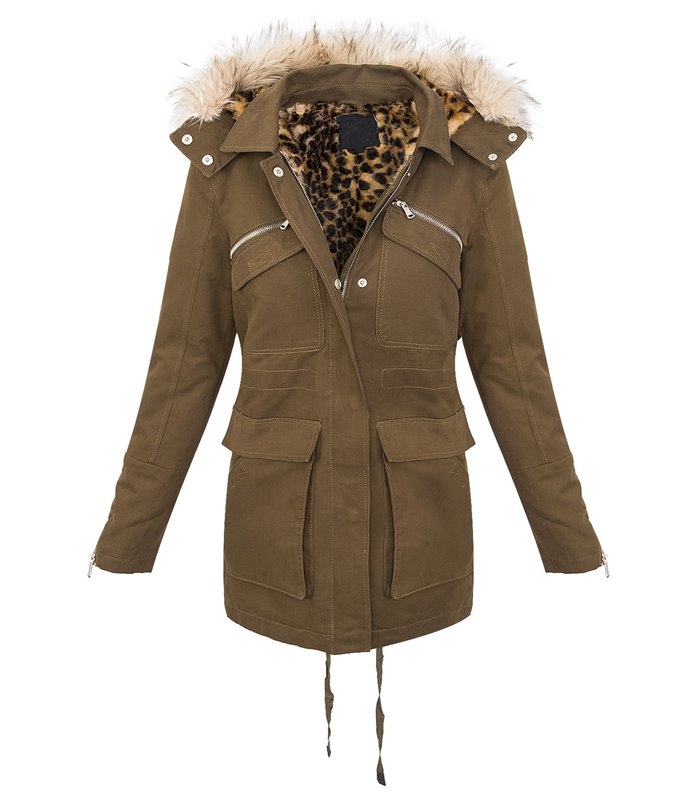 Damen parka jacke damenjacke mantel leoparden teddyfell D-230