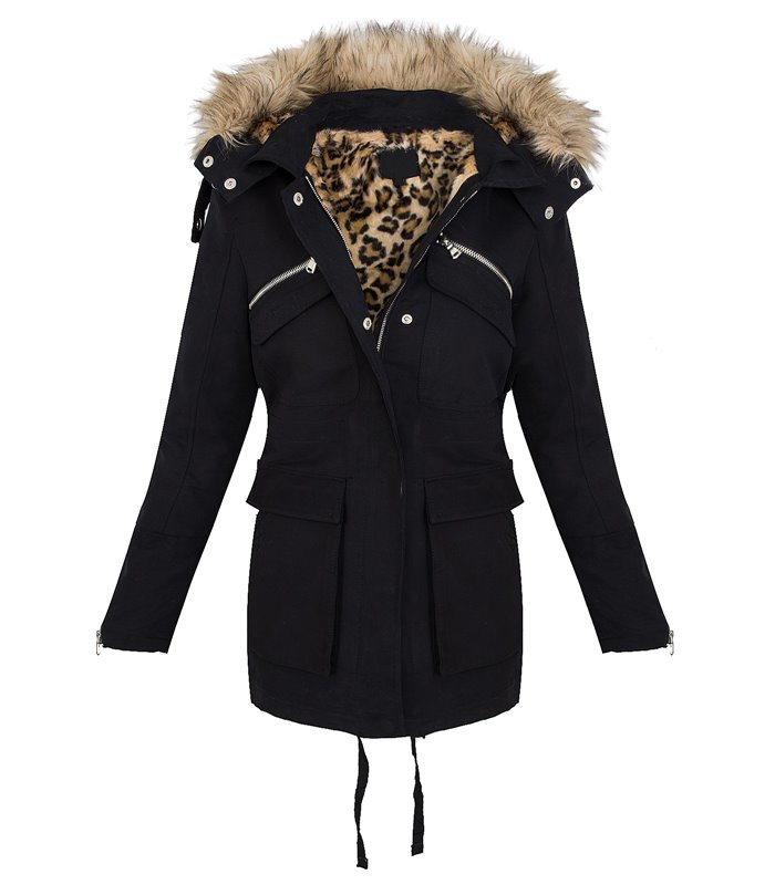 Damen parka jacke damenjacke mantel leoparden teddyfell D-230