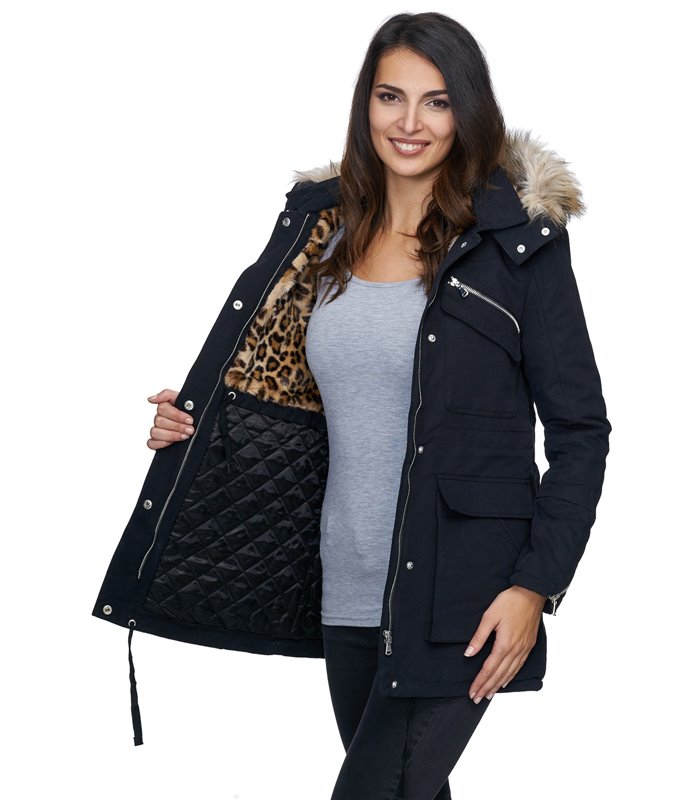 Damen parka jacke damenjacke mantel leoparden teddyfell D-230