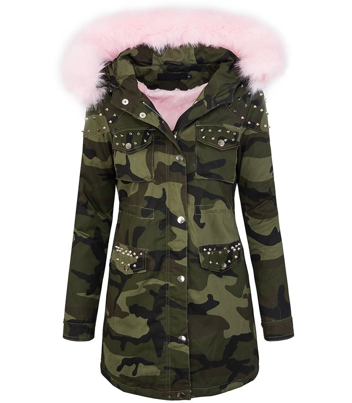 Damen winter parka jacke army-look kunstfell kapuze D-231