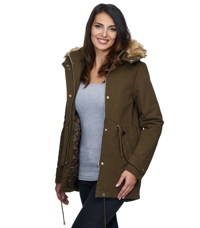 Damen Winter Parka Jacke Mantel warm Winterjacke Fell Schwarz Khaki D-236