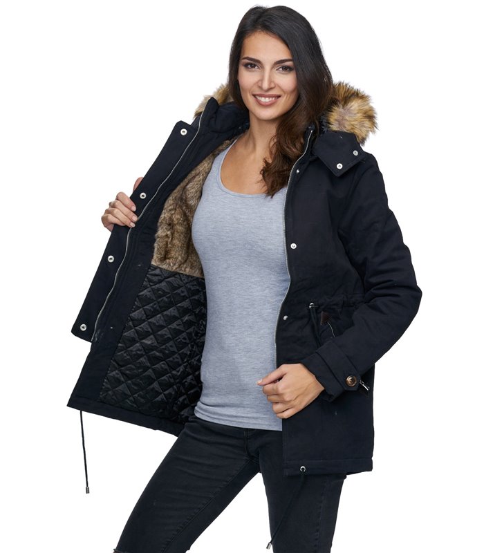 Damen Winter Parka Jacke Mantel warm Winterjacke Fell Schwarz Khaki D-236