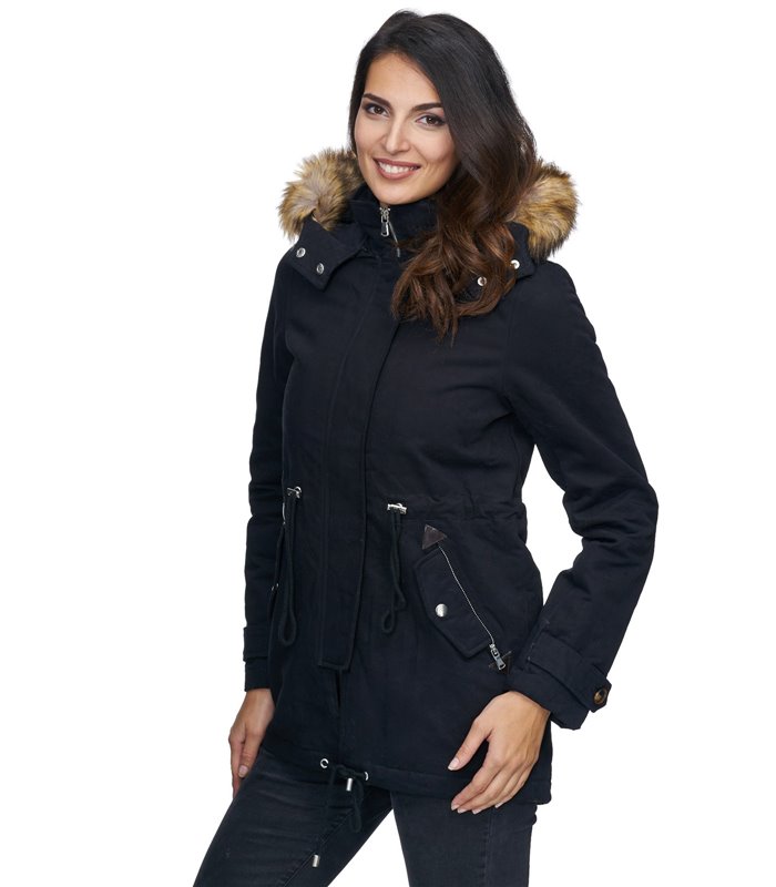 Damen Winter Parka Jacke Mantel warm Winterjacke Fell Schwarz Khaki D-236