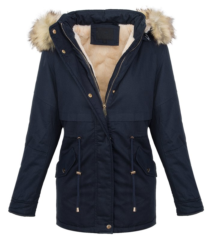 Designer Damen Winterjacke Parka Kunstfellkragen in Weiss D-240