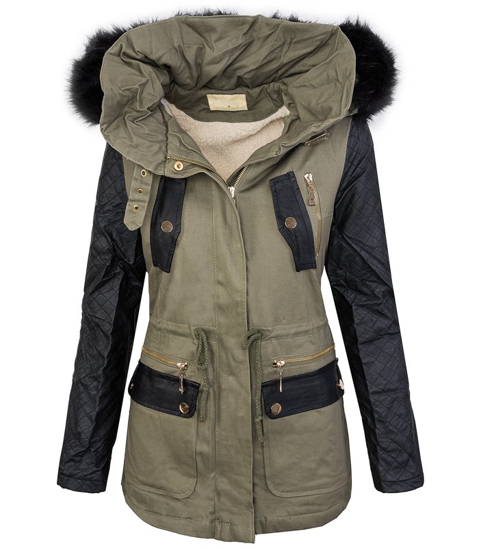 Damen winter jacke teddyfell futter parka kunstleder ärmel D-246