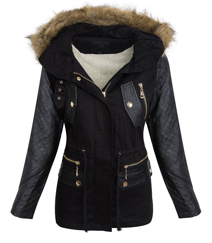 Damen winter jacke teddyfell futter parka kunstleder ärmel D-246
