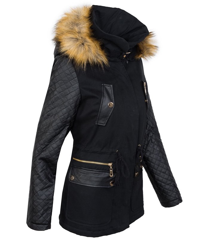 Damen winter jacke teddyfell futter parka kunstleder ärmel D-246