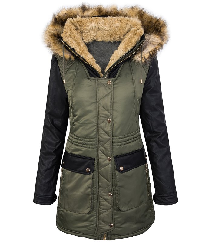 Damen winter Mantel mit Kunstlederärmel D-257