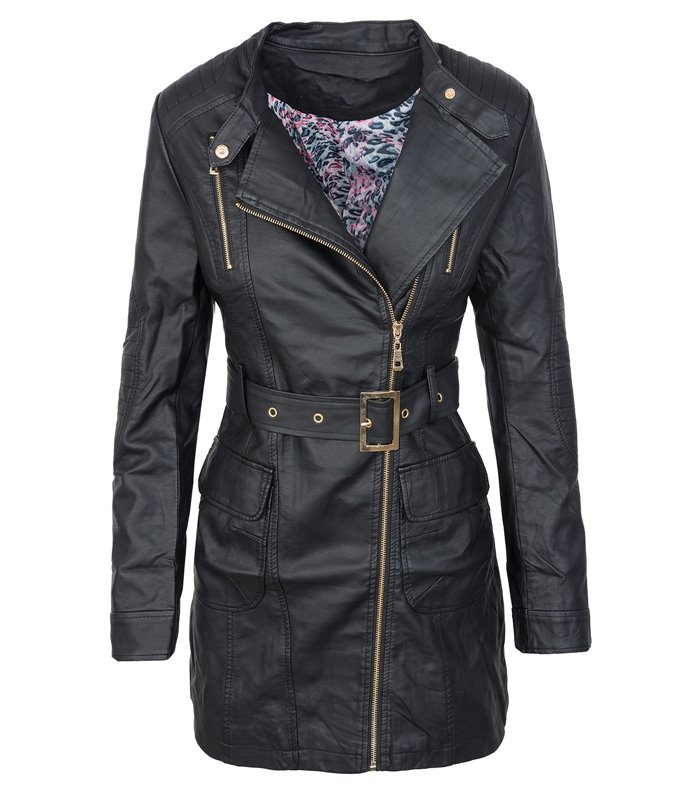 Damen Kunstleder Übergangs Mantel Biker-Style D-275