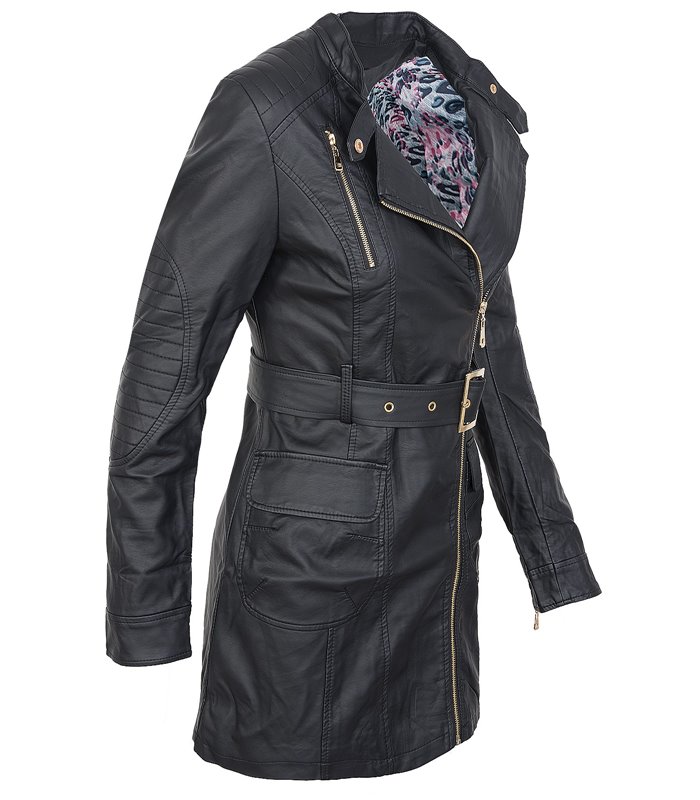 Damen Kunstleder Übergangs Mantel Biker-Style D-275