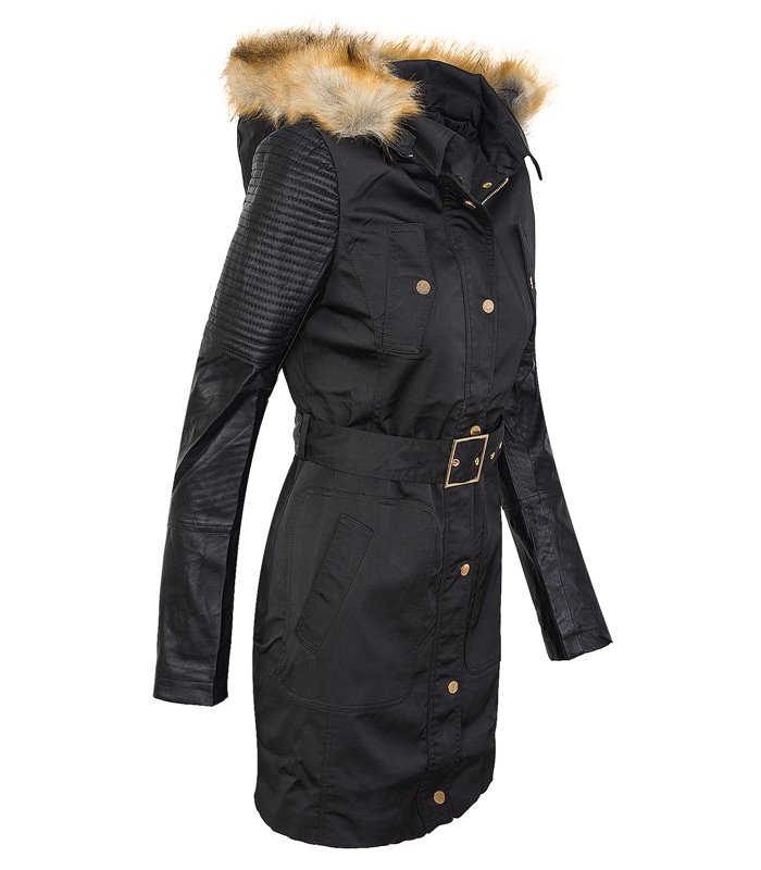 Damen Jacke Winterjacke Kapuze Kunstlederärmel D-281