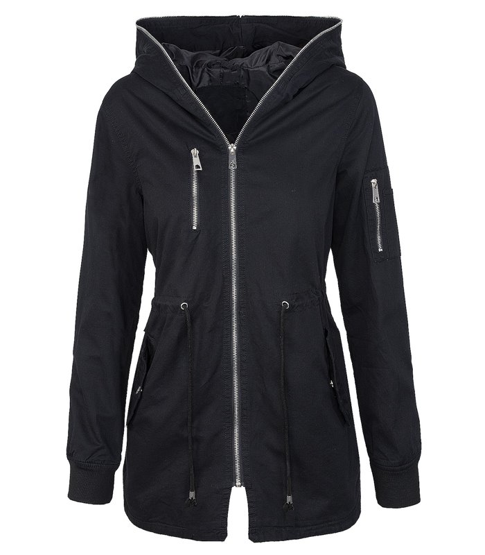 Übergangs Damen Jacke Schwarz Gelb mit Kapuze Parka Damenjacke