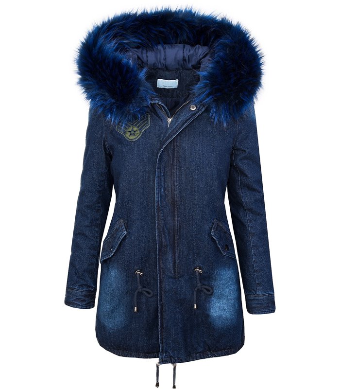 Designer Damen Winter Jacke Parka Jeansjacke Kunstfellkragen Kapuze 
