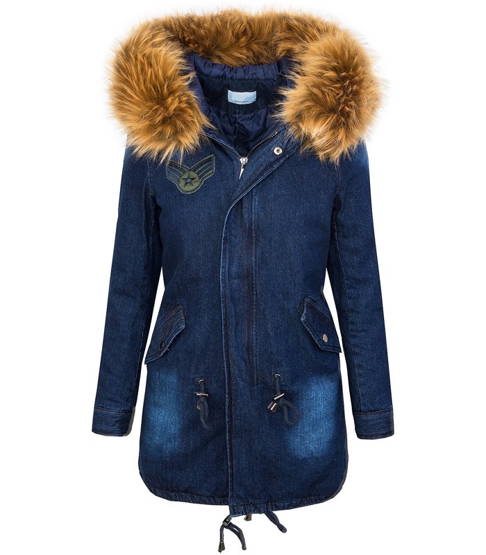 Designer Damen Winter Jacke Parka Jeansjacke Kunstfellkragen Kapuze 