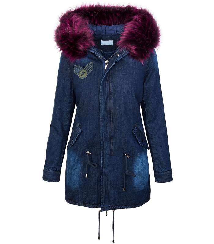 Designer Damen Winter Jacke Parka Jeansjacke Kunstfellkragen Kapuze 