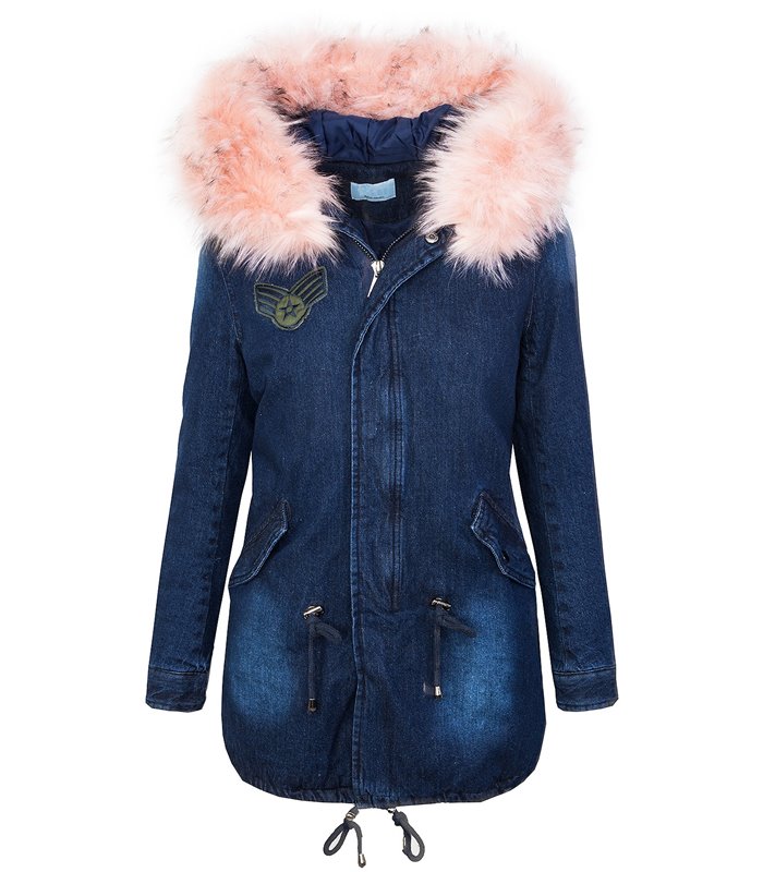 Designer Damen Winter Jacke Parka Jeansjacke Kunstfellkragen Kapuze 