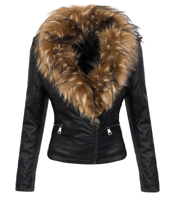 Damen Kunstlederjacke mit Kunstfellkragen D-352