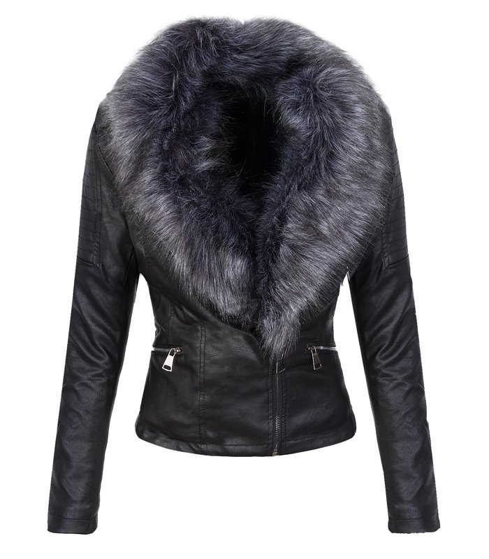Damen Kunstlederjacke mit Kunstfellkragen D-352