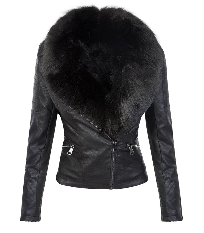 Damen Kunstlederjacke mit Kunstfellkragen D-352