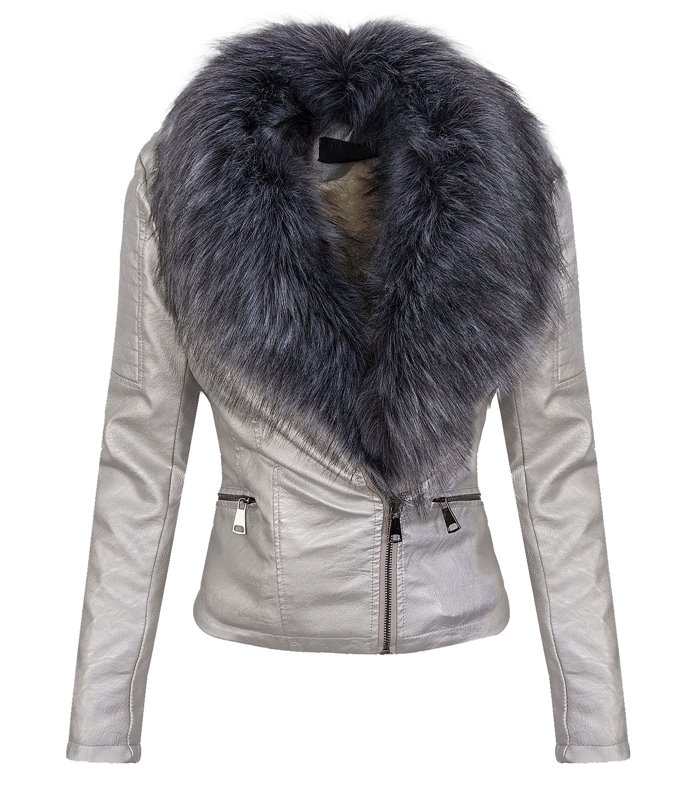 Damen Kunstlederjacke mit Kunstfellkragen D-352