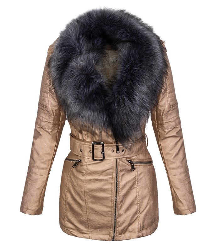 Damen Kunstleder Mantel Winterjacke Kunstfellkragen Jacke lang Teddyfell