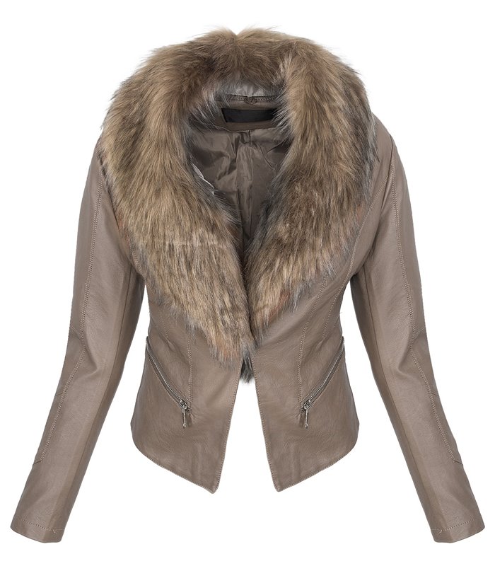 Damen Übergangs Jacke Kunstleder Jacke Kunstfellkragen Beige Camel Schwarz