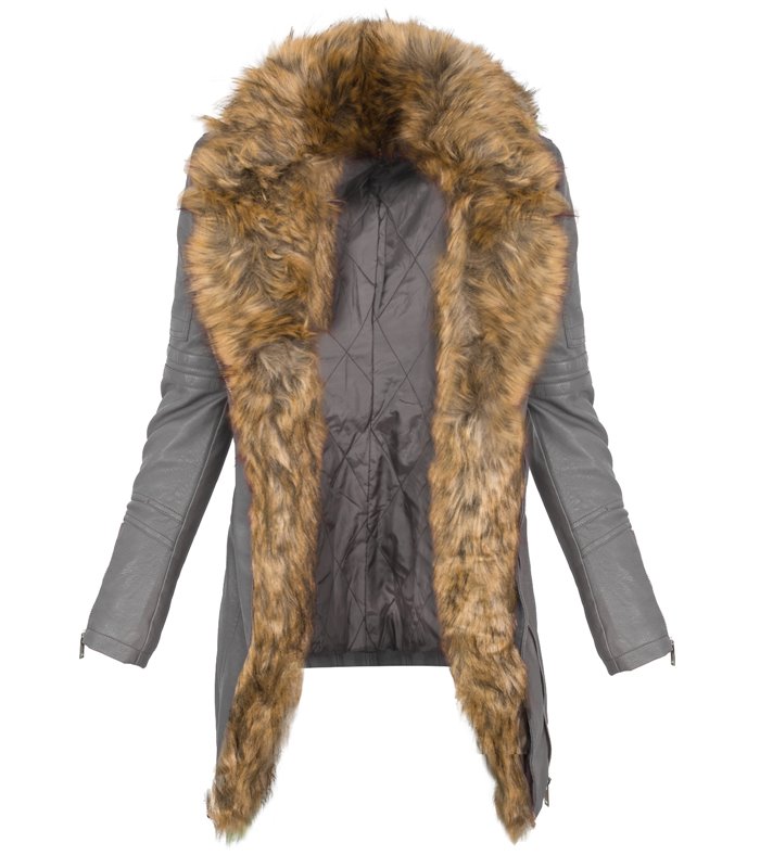 Damen Kunstleder Mantel Bikerjacke lang warm Teddyfell Winterjacke