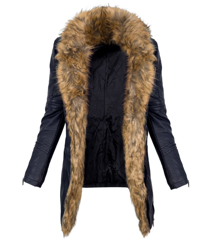 Damen Kunstleder Mantel Bikerjacke lang warm Teddyfell Winterjacke