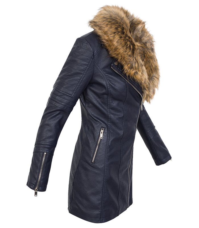 Damen Kunstleder Mantel Bikerjacke lang warm Teddyfell Winterjacke