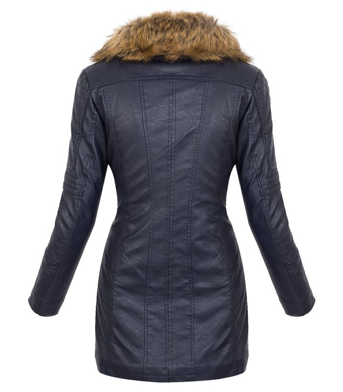 Damen Kunstleder Mantel Bikerjacke lang warm Teddyfell Winterjacke