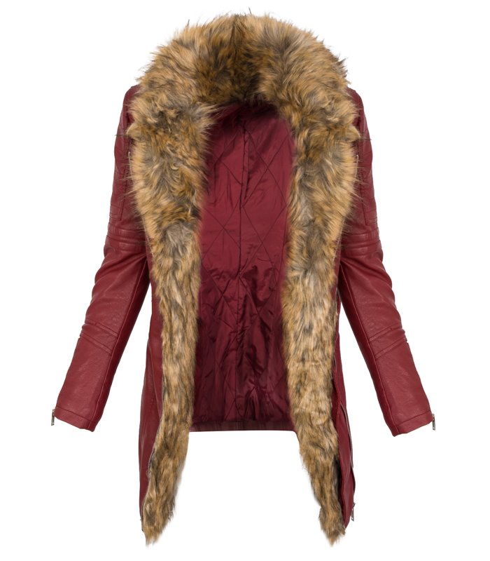 Damen Kunstleder Mantel Bikerjacke lang warm Teddyfell Winterjacke