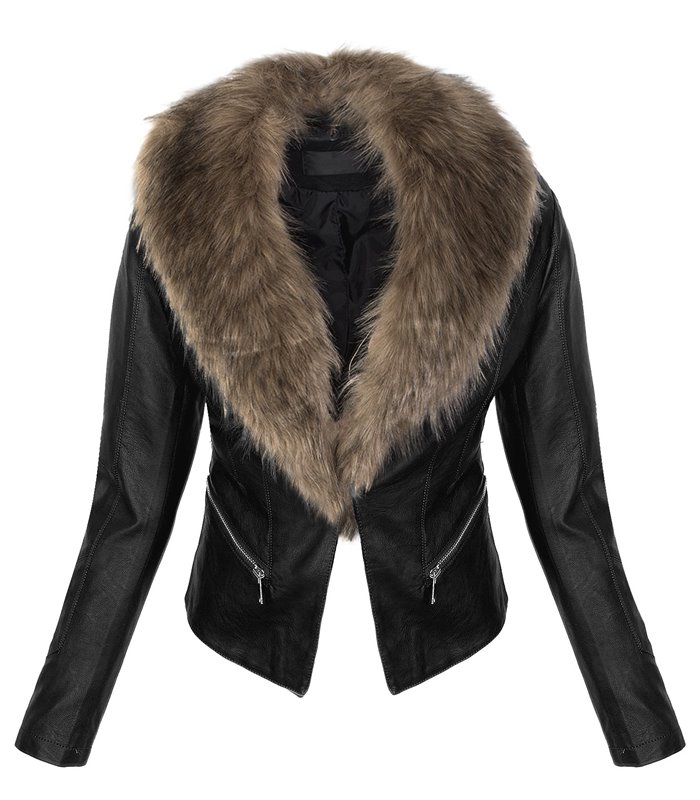 Damen Übergangs Jacke Kunstleder Jacke Kunstfellkragen Beige Camel Schwarz
