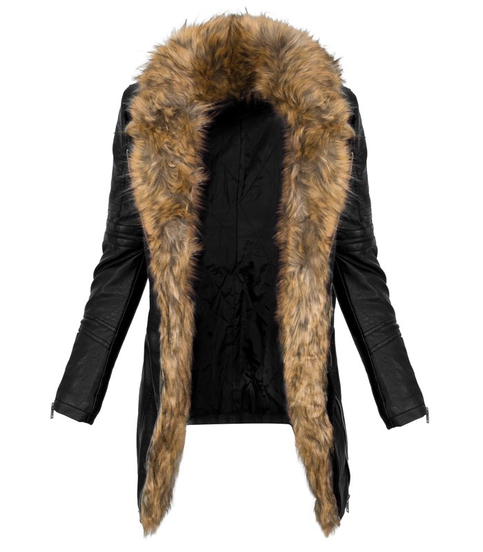 Damen Kunstleder Mantel Bikerjacke lang warm Teddyfell Winterjacke