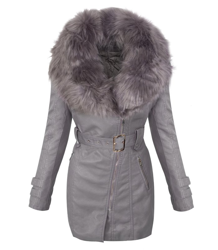 Damen Wintermantel Kunstlederjacke Kunstfell Kragen Jacke D-378