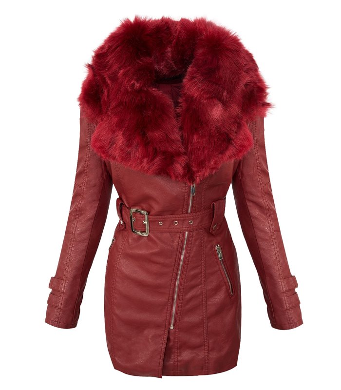 Damen Wintermantel Kunstlederjacke Kunstfell Kragen Jacke D-378