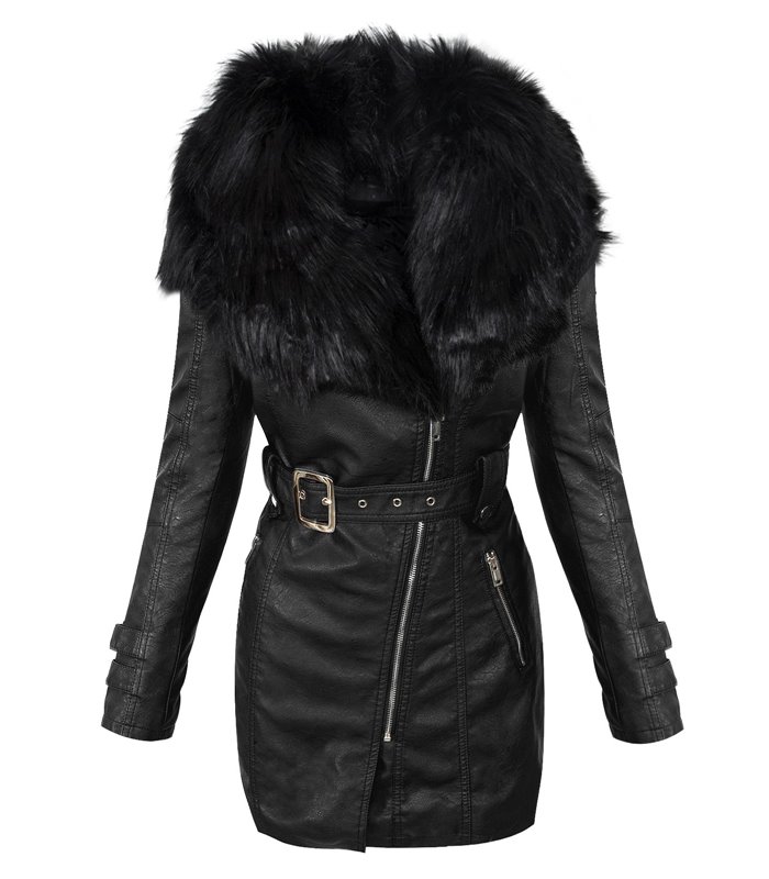 Damen Wintermantel Kunstlederjacke Kunstfell Kragen Jacke D-378