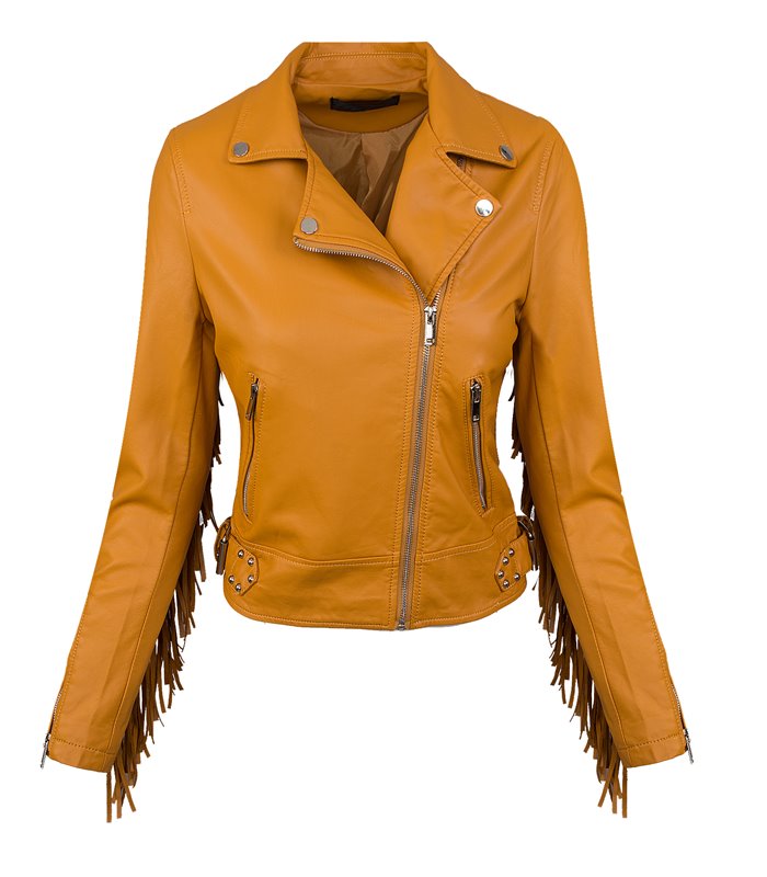 Damen Kunstleder-Bikerjacke mit Fransen Kunstlederjacke Übergangs Jacke D-393