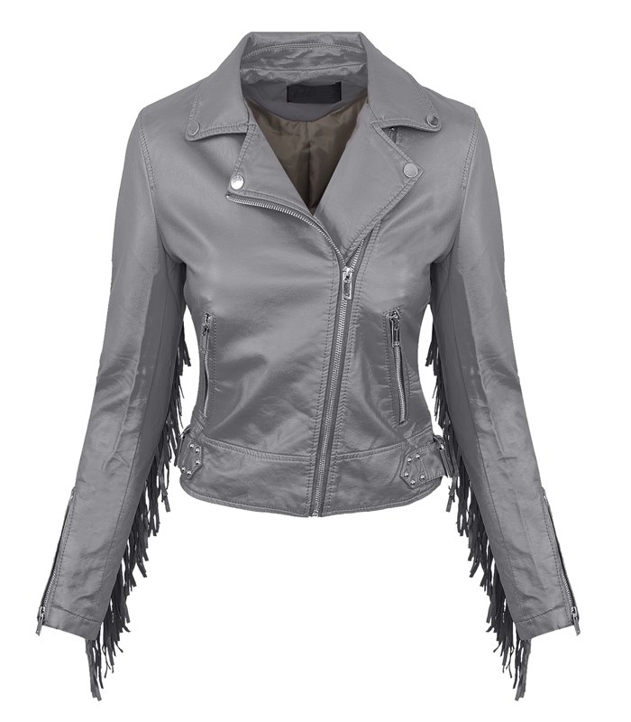 Damen Kunstleder-Bikerjacke mit Fransen Kunstlederjacke Übergangs Jacke D-393