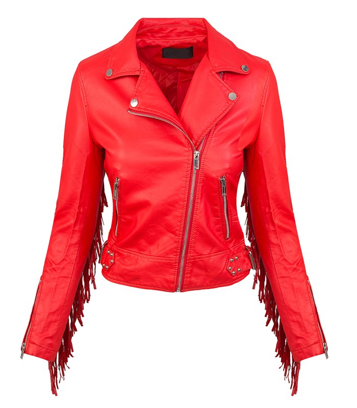 Damen Kunstleder-Bikerjacke mit Fransen Kunstlederjacke Übergangs Jacke D-393