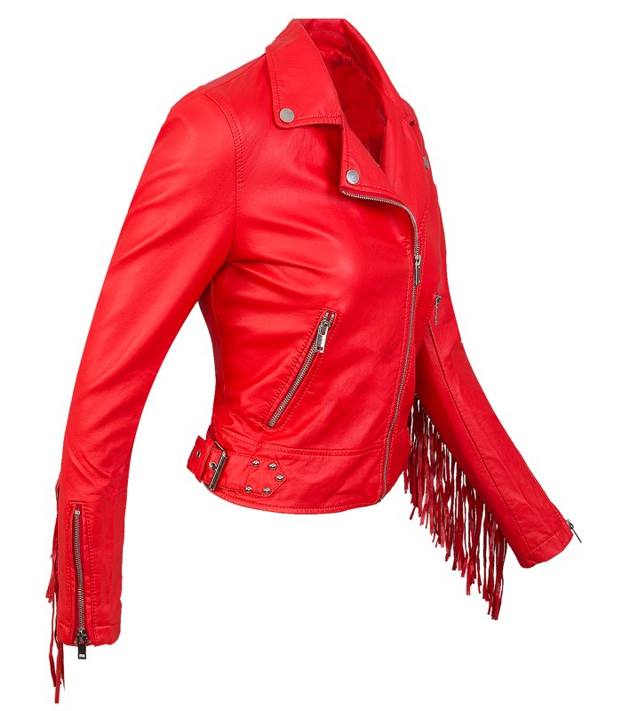 Damen Kunstleder-Bikerjacke mit Fransen Kunstlederjacke Übergangs Jacke D-393