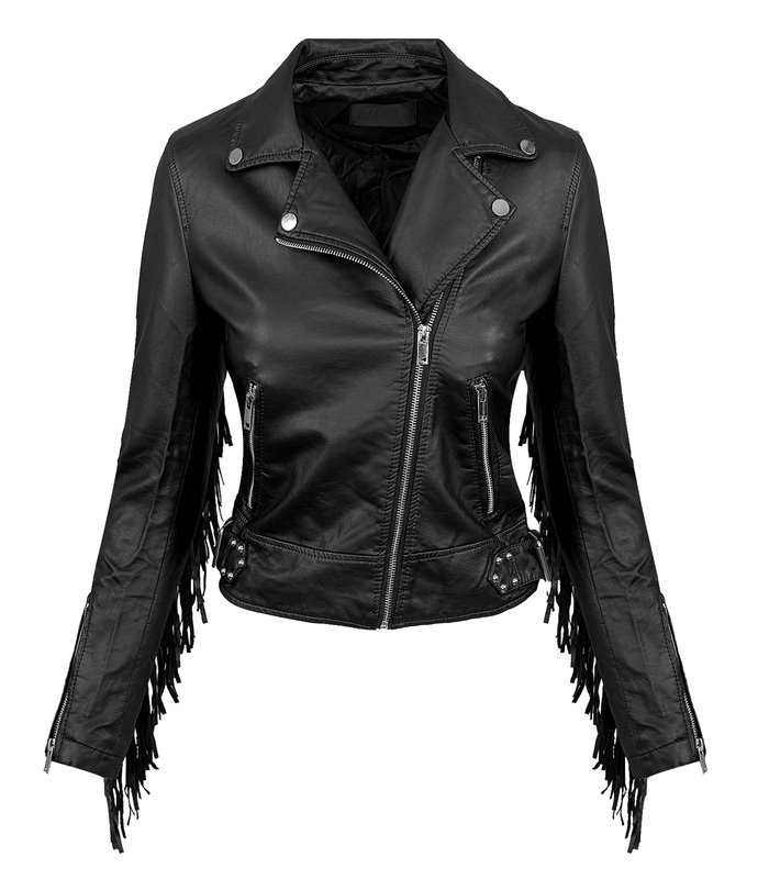 Damen Kunstleder-Bikerjacke mit Fransen Kunstlederjacke Übergangs Jacke D-393