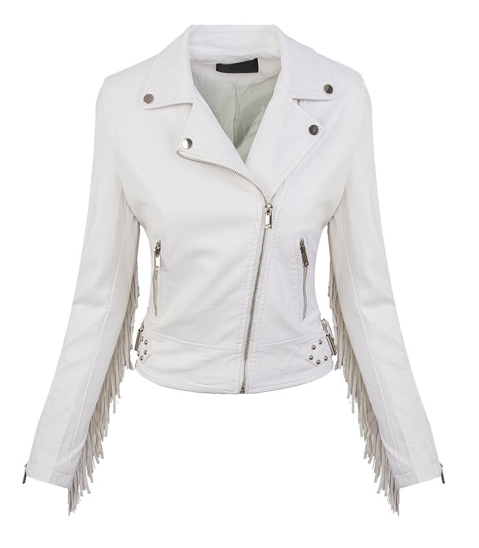 Damen Kunstleder-Bikerjacke mit Fransen Kunstlederjacke Übergangs Jacke D-393