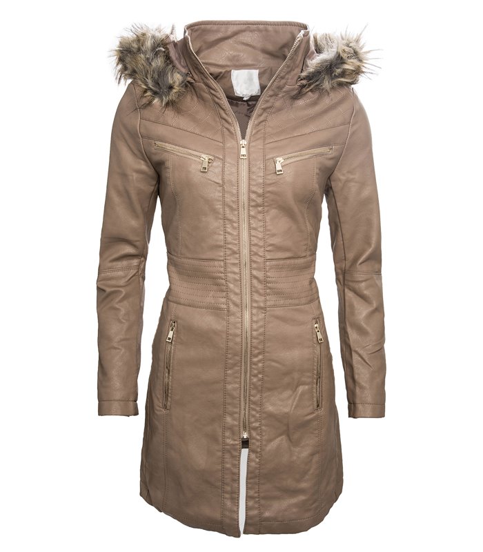 Damen Übergangs Mantel Jacke Kunstledermantel Leder Kapuze mit Fell