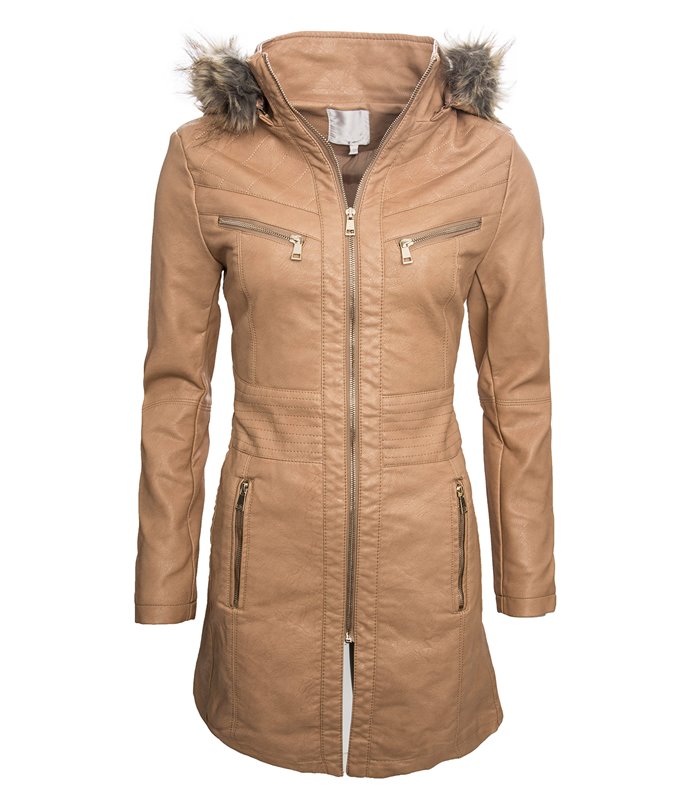 Damen Übergangs Mantel Jacke Kunstledermantel Leder Kapuze mit Fell