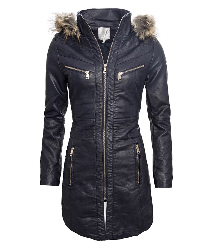 Damen Übergangs Mantel Jacke Kunstledermantel Leder Kapuze mit Fell
