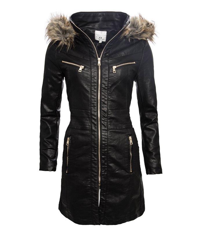 Damen Übergangs Mantel Jacke Kunstledermantel Leder Kapuze mit Fell