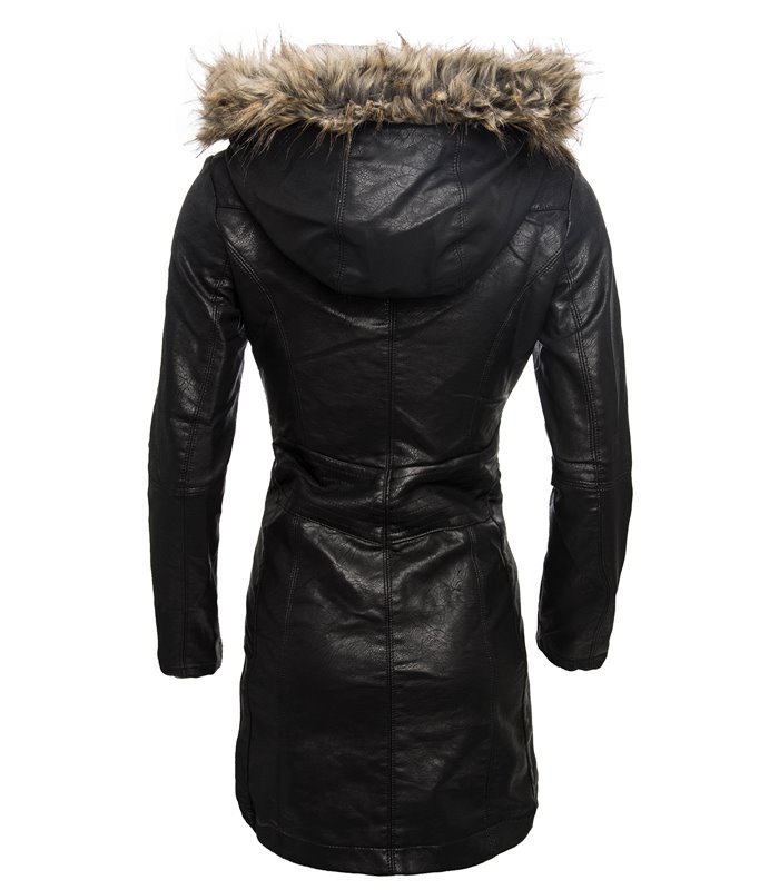 Damen Übergangs Mantel Jacke Kunstledermantel Leder Kapuze mit Fell