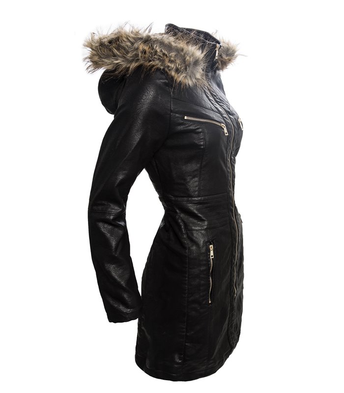 Damen Übergangs Mantel Jacke Kunstledermantel Leder Kapuze mit Fell
